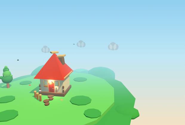 The Meadow world: a green hillside with a red-roofed cottage